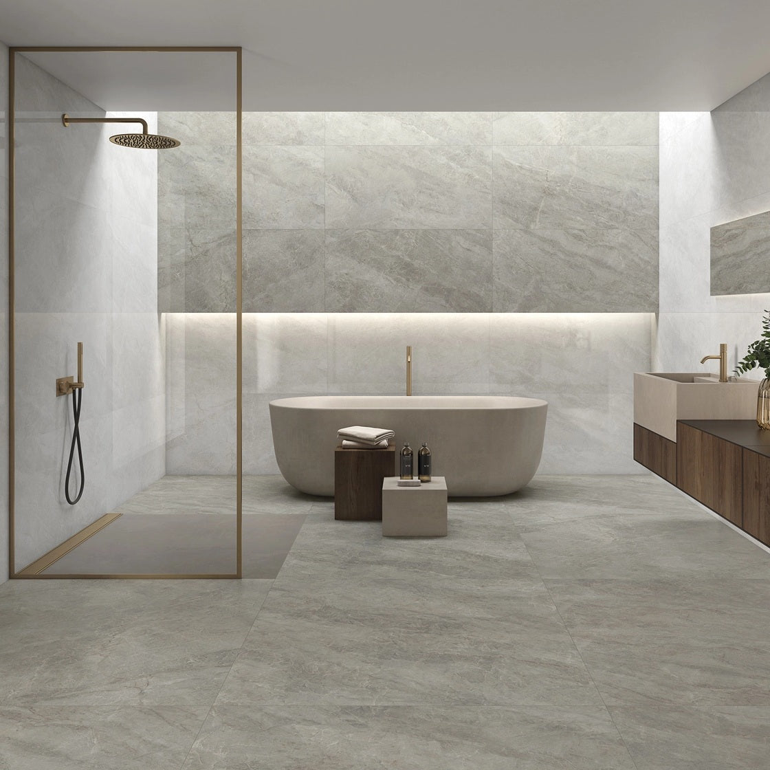 Caesars Natural polished porcelain tile with a greige quartzite design, for floors and walls. Installed in a room.