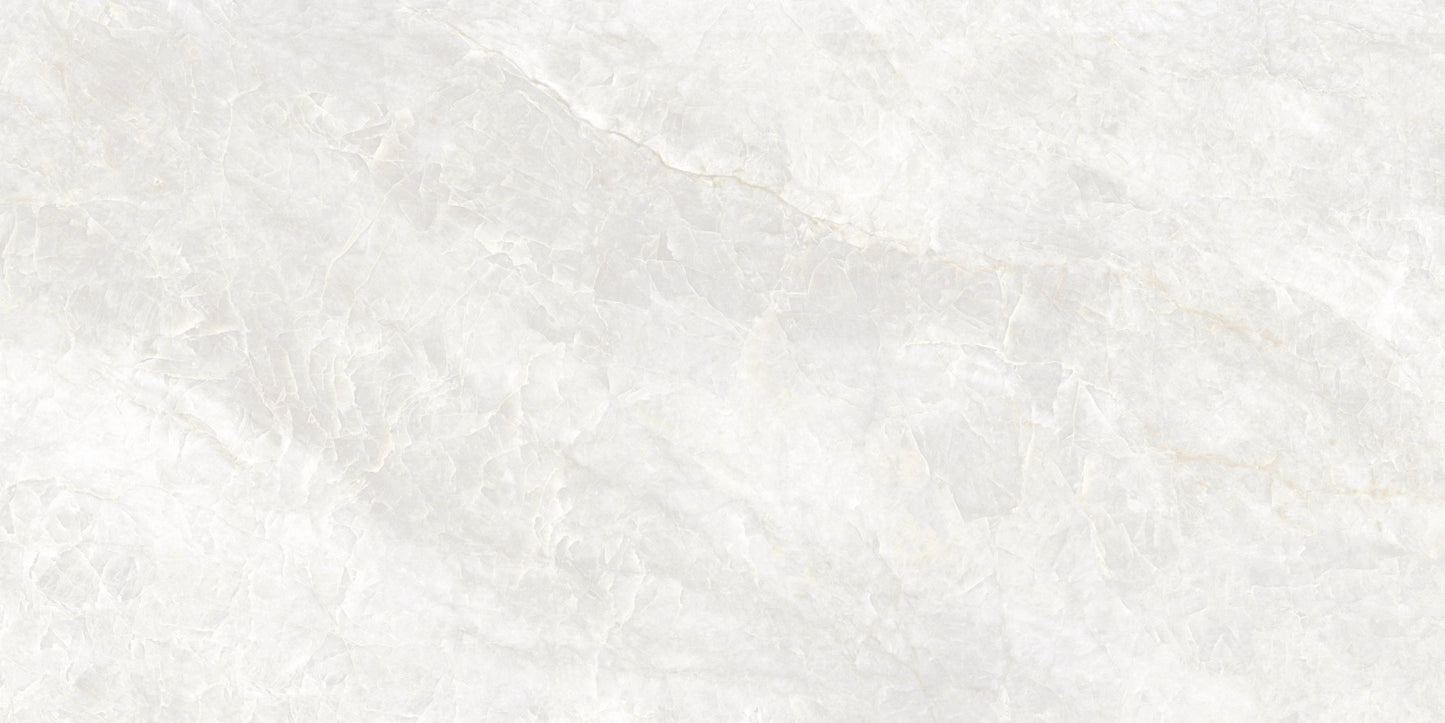 Caesars White polished porcelain tile with a white quartzite design, for floors and walls. In a 24x48" size.