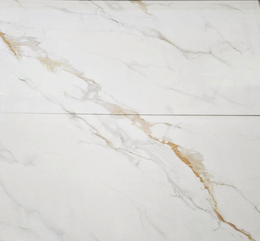 Calacatta Aurum polished porcelain tile with a white and gold marble effect, for floors and walls. In a 30x60" size.