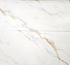 Calacatta Aurum polished porcelain tile with a white and gold marble effect, for floors and walls. In a 30x60" size.