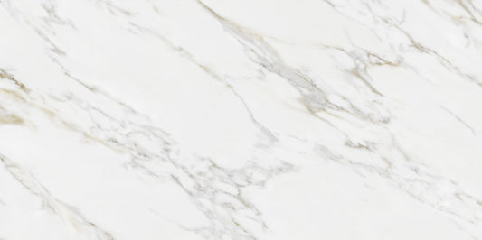 Calacatta Gold glossy porcelain tile with a white marble design, for floors and walls. Made in Spain, in a 24x48" size.