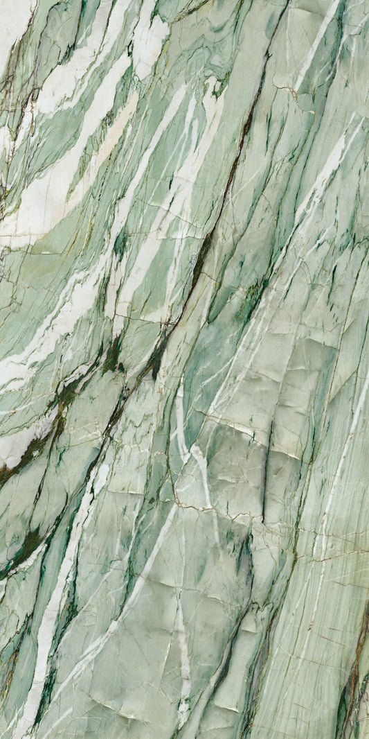 Calacatta Mint polished porcelain tile with a marble design, for floors and walls. Made in Italy, in a 24x48" size.