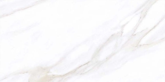 Calacatta Oro polished/matte porcelain tile with a white and gold marble design, for floors and walls. In a 12x24" size.