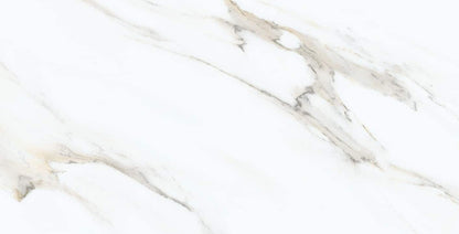 Calacatta Oro polished/matte porcelain tile with a white and gold marble design, for floors and walls. In a 12x24" size.