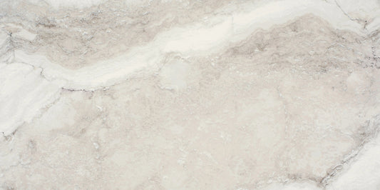 Caracalla Bianco porcelain tile with a white travertine design, for floors and walls. Made in Spain, in a 24x48" size.