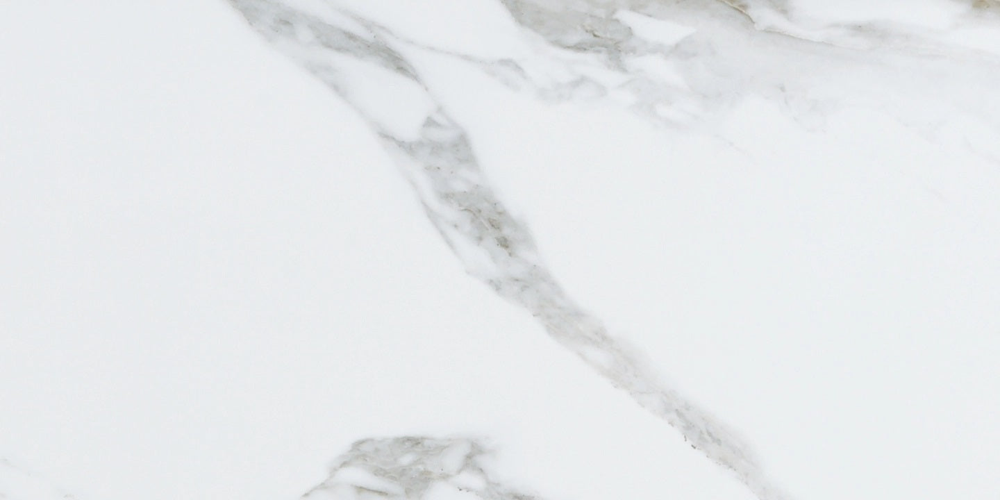 Carrara White polished porcelain tile with a marble design, for floors and walls. Made in Spain, in a 24x48" size.