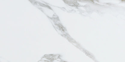 Carrara White polished porcelain tile with a marble design, for floors and walls. Made in Spain, in a 24x48" size.