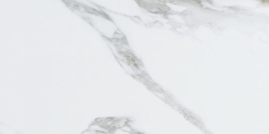 Carrara White polished porcelain tile with a marble design, for floors and walls. Made in Spain, in a 24x48" size.