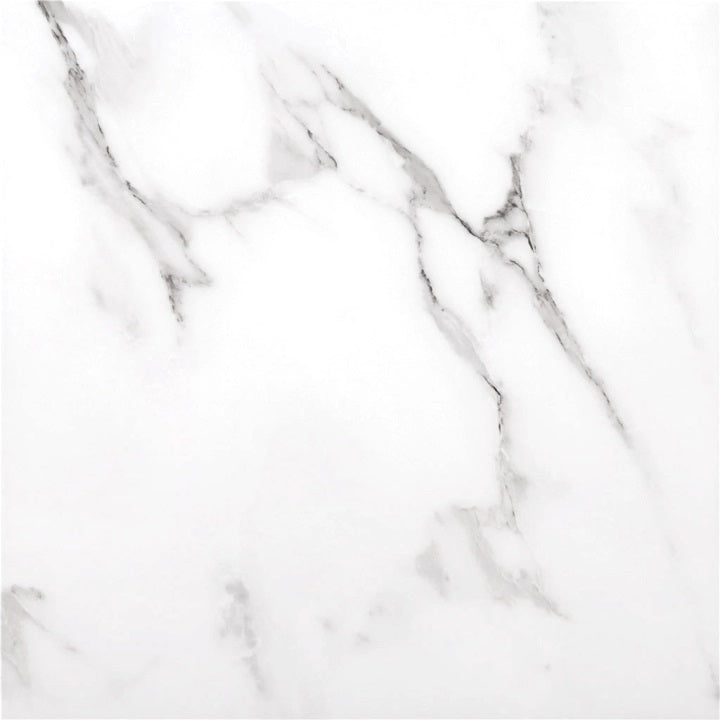 Casablanca glossy ceramic tile with a white marble design, for floors and walls. Made in Spain, in a 18x18" size.