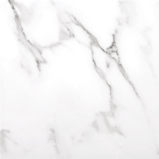 Casablanca glossy ceramic tile with a white marble design, for floors and walls. Made in Spain, in a 18x18" size.