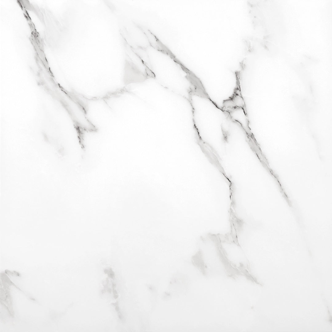 Casablanca matte ceramic tile with a white marble design, for floors and walls. Made in Spain, in a 18x18" size.