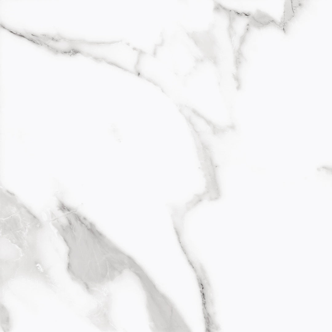 Casablanca glossy porcelain tile with a white marble design, for floors and walls. Made in Spain, in a 30x30" size.
