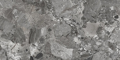 Ceppo Antracite polished porcelain tile with a rock/pebble design, for floors and walls. In a 24x48" size.