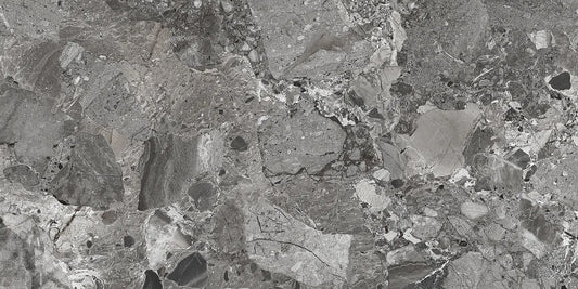 Ceppo Antracite polished porcelain tile with a rock/pebble design, for floors and walls. In a 24x48" size.