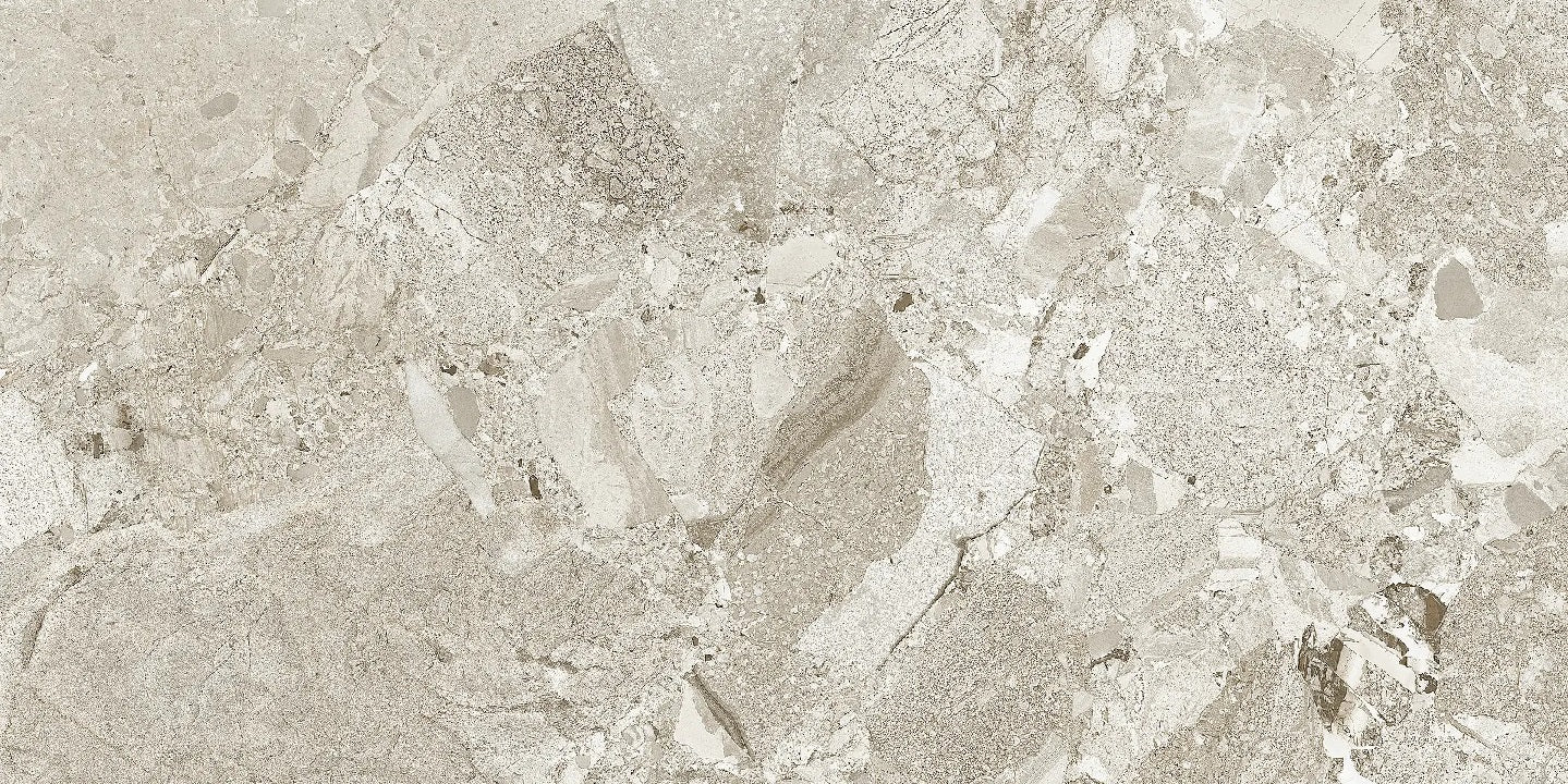Ceppo Beige polished porcelain tile with a rock/pebble design, for floors and walls. Made in Spain, in a 24x48" size.