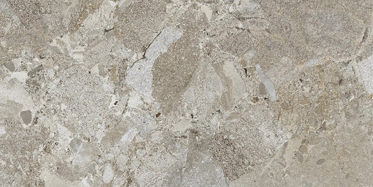 Ceppo Taupe polished porcelain tile with a rock/pebble design, for floors and walls. Made in Spain, in a 24x48" size.
