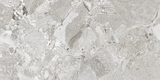 Ceppo White polished porcelain tile with a rock/pebble design, for floors and walls. Made in Spain, in a 24x48" size.