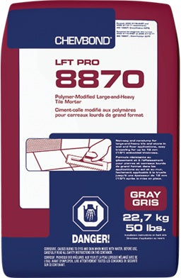 Chembond LFT Pro 8870 cement/mortar for large format tiles, in a 50 lb bag, in a grey or white colour.