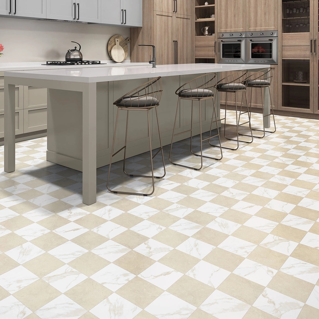 Chess Gold matte porcelain tile with a white/beige checkerboard design, for floors. Made in Spain, installed in a room.