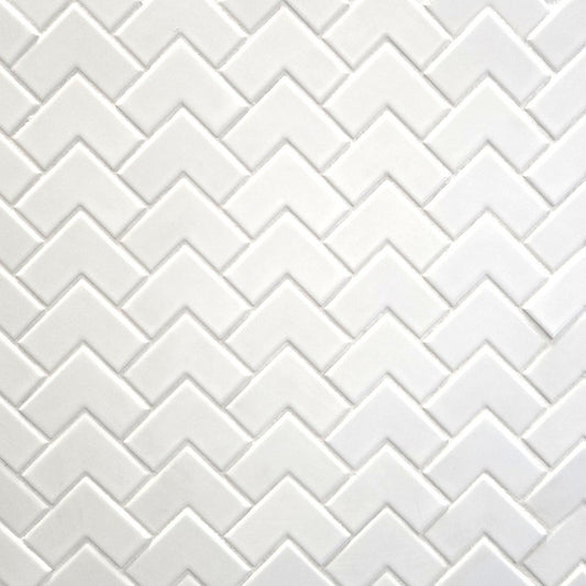 Pure white glossy mosaic tile with a chevron arrow shape, for walls and backsplashes.