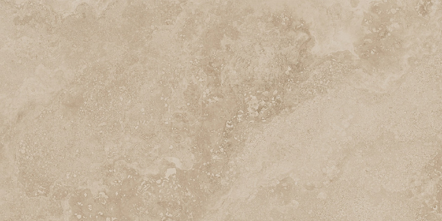 Cipriani Beige matte porcelain tile with a stone/cement design, for floors and walls. Made in Spain, in a 12x24" size.
