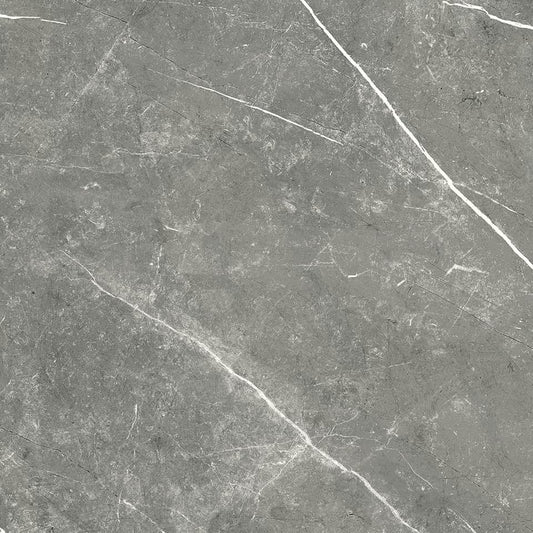 Columbia Gris glossy porcelain tile with a grey stone design, for floors and walls. Made in Spain, in a 24x24" size.