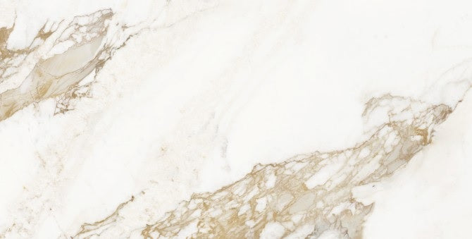 Calacatta Gold polished porcelain tile with a white and gold marble design, for floors and walls. In a 24x48" size.