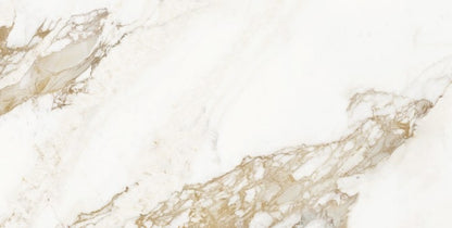 Calacatta Gold polished porcelain tile with a white and gold marble design, for floors and walls. In a 24x48" size.