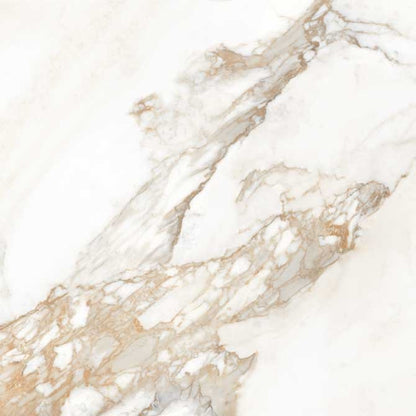 Calacatta Gold matte porcelain tile with a white and gold marble design, for floors and walls. In a 36x36" size.