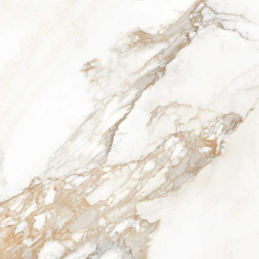 Calacatta Gold matte porcelain tile with a white and gold marble design, for floors and walls. In a 36x36" size.