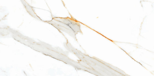 Crystal Gold Statuario polished porcelain tile with a white/gold marble design, for floors and walls. In a 24x48" size.