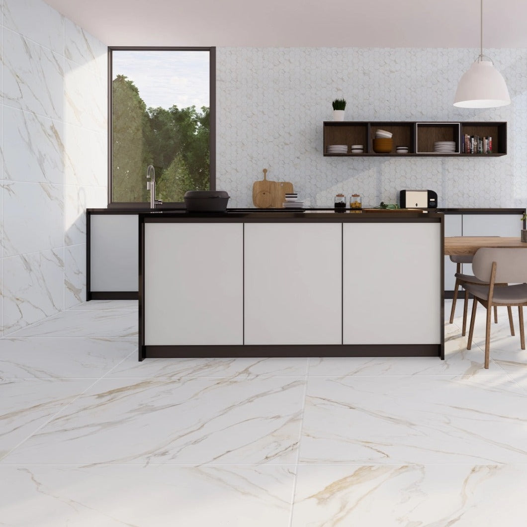 Dorian Gold matte porcelain tile with a gold marble design, for floors and walls. Made in Spain, installed in a room.