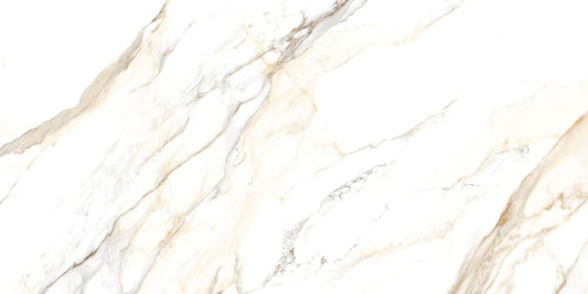 Dorian Gold polished porcelain tile with a marble design for floors and walls. Made in Spain, in a 24x48" size.