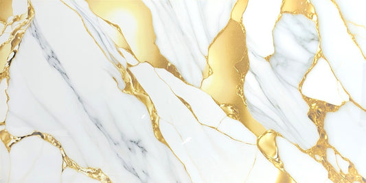 El Dorado Gold polished porcelain tile with a white, gold, and grey marble style for floors and walls. In a 24x48" size.