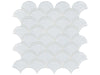 Element Ice glass mosaic with a white colour. In a scallop mosaic shape.