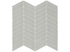 Element Mist glass mosaic with a light grey colour. In a chevron mosaic shape.