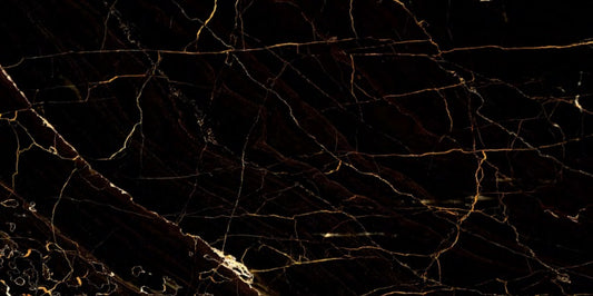 Esperada Black polished porcelain tile with a black and gold marble design, for floors and walls. In a 24x48" size.