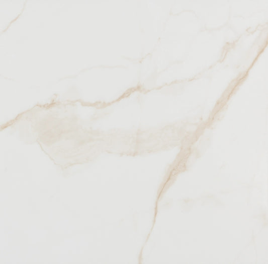 Essential Gold glossy porcelain tile with a white and gold marble design, for floors and walls. In a 24x24" size.