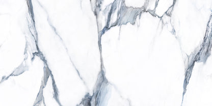 Fantasy Acqua polished porcelain tile with a white and blue marble design, for floors and walls. In a 24x48" size.