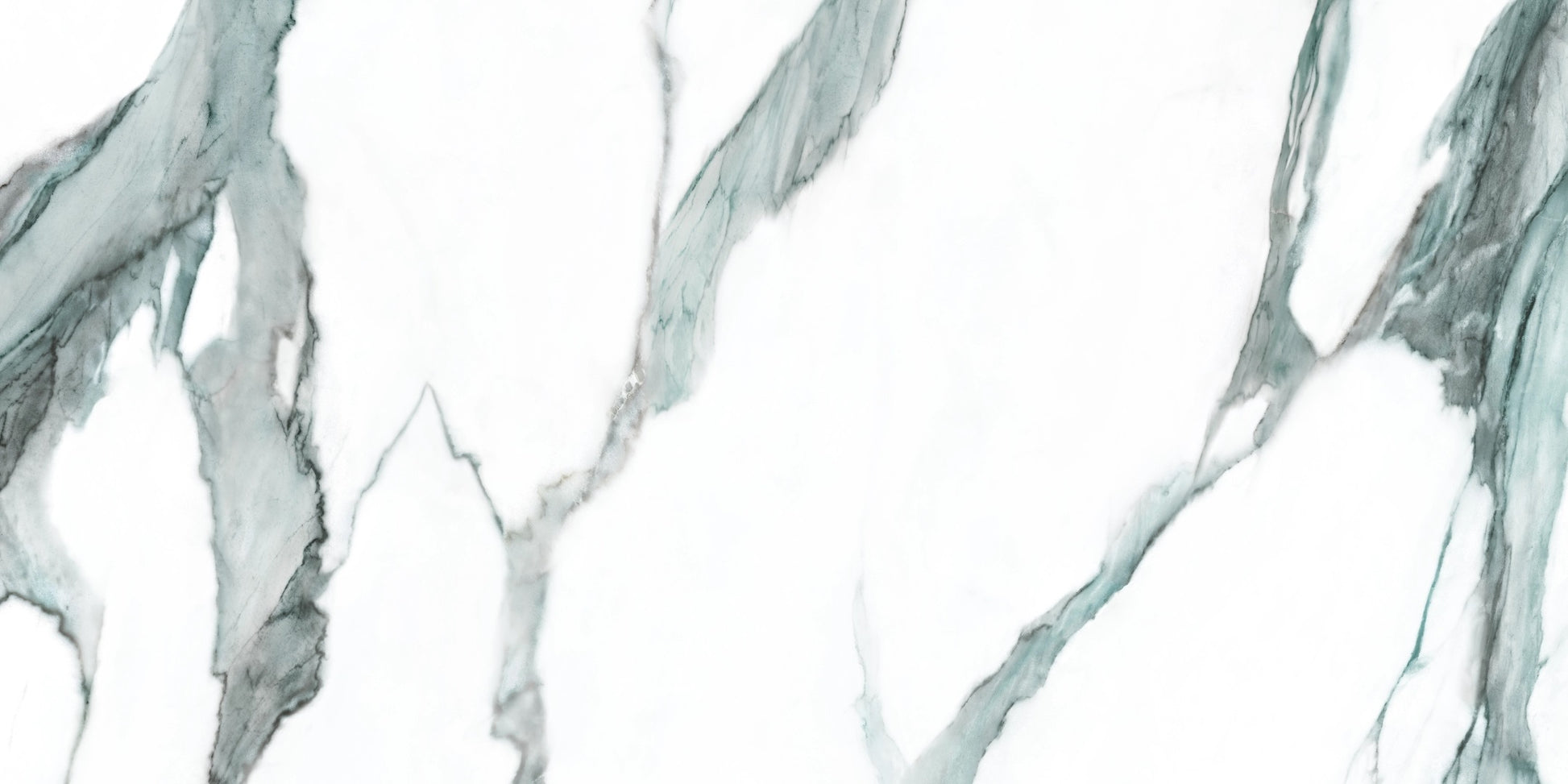 Fantasy Green polished porcelain tile with a white marble design, for floors and walls. Made in Spain, in a 24x48" size.