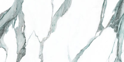 Fantasy Green polished porcelain tile with a white marble design, for floors and walls. Made in Spain, in a 24x48" size.