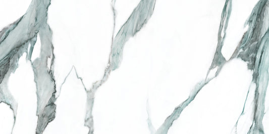 Fantasy Green polished porcelain tile with a white marble design, for floors and walls. Made in Spain, in a 24x48" size.