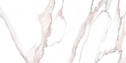 Fantasy Pink polished porcelain tile with a white marble design, for floors and walls. Made in Spain, in a 24x48" size.