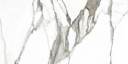 Fantasy Topo polished porcelain tile with a white and taupe marble design, for floors and walls. In a 24x48" size.