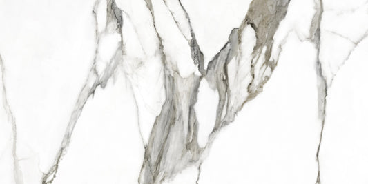 Fantasy Topo polished porcelain tile with a white and taupe marble design, for floors and walls. In a 24x48" size.