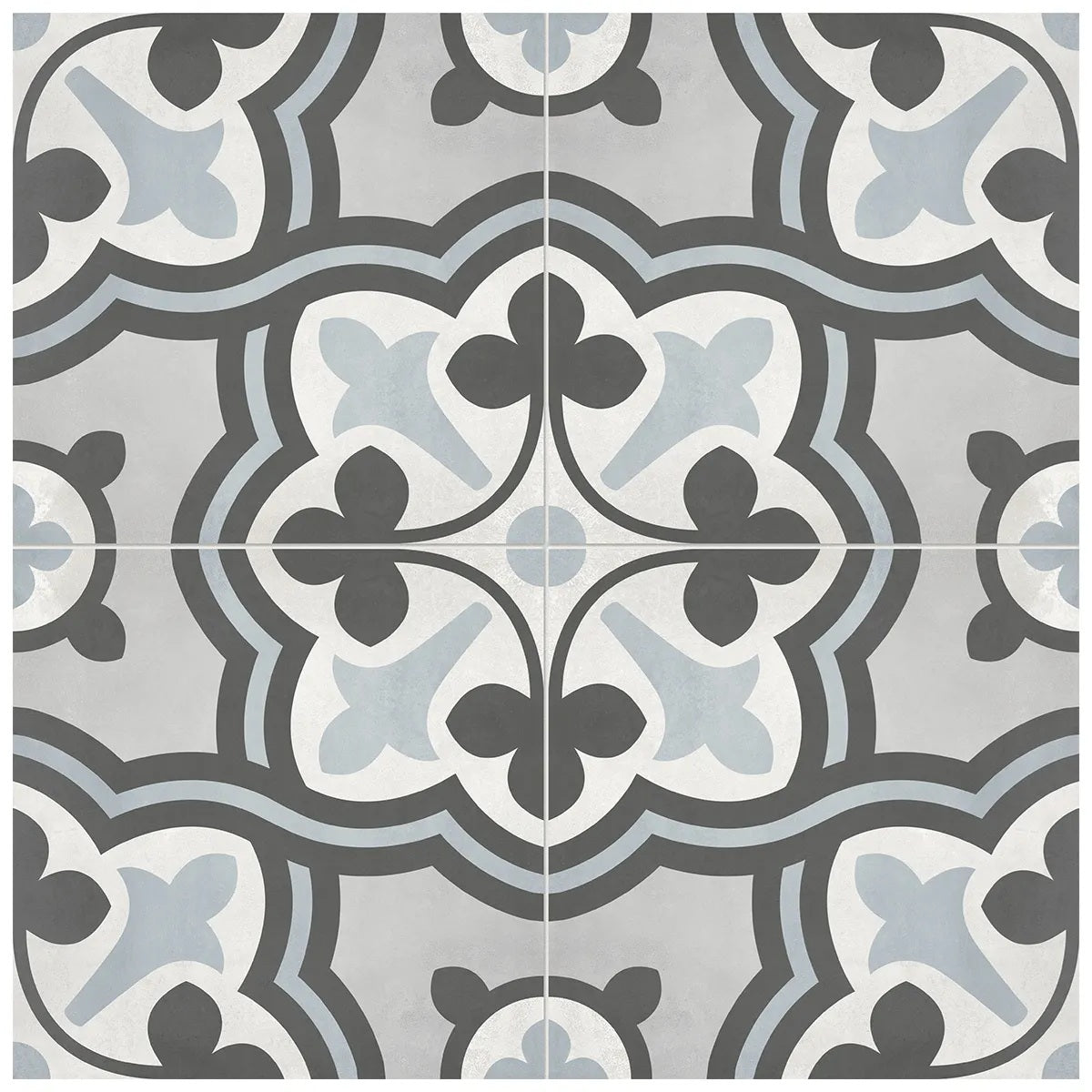 Form Tide Baroque matte porcelain tile with a connecting pattern in white, blue, and black colours. In a 8x8" size.
