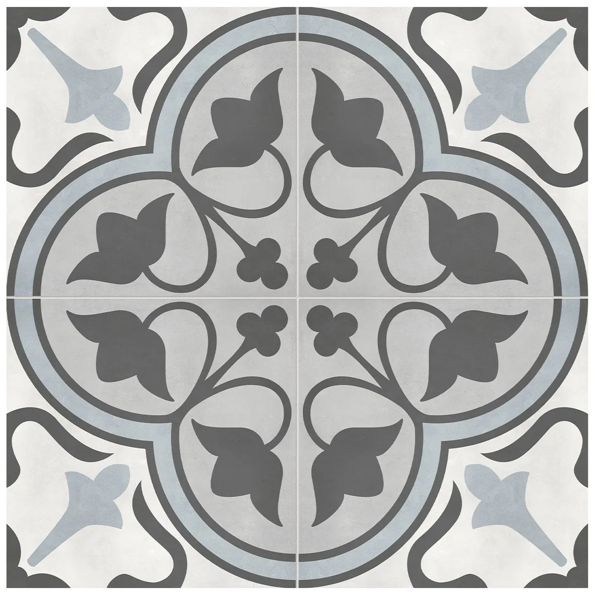 Form Tide Clover matte porcelain tile with a connecting clover pattern in white, blue, and black colour. In a 8x8" size.