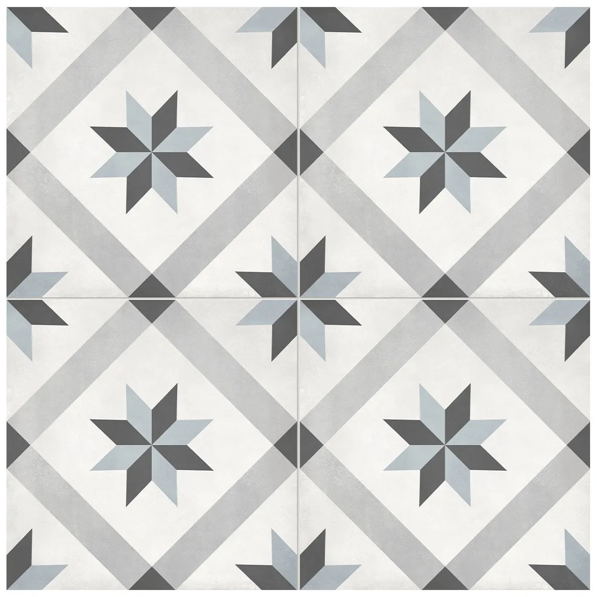 Form Tide Compass matte porcelain tile with a compass connecting pattern in white, blue, and black. In a 8x8" size.