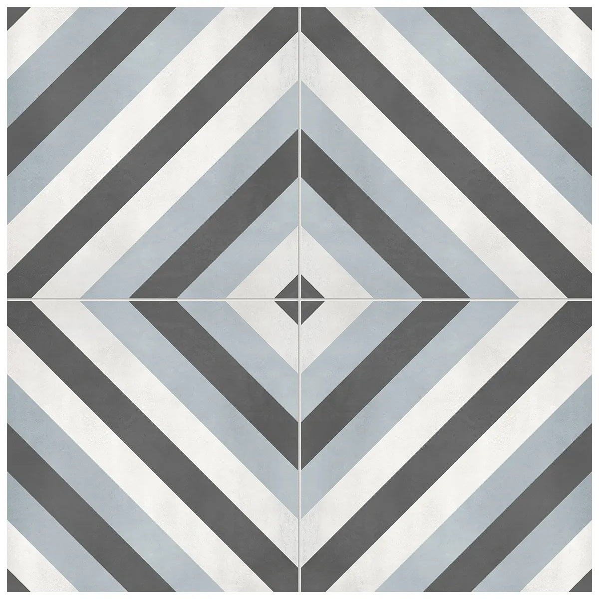 Form Tide Diamond matte porcelain tile with diamond diagonal pattern in white, blue, and black colours. In a 8x8" size.