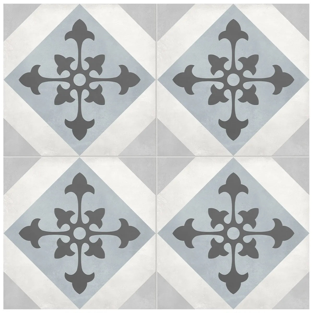 Form Tide Northstar matte porcelain tile with a connecting star pattern in white, grey, and blue. In a 8x8" size.